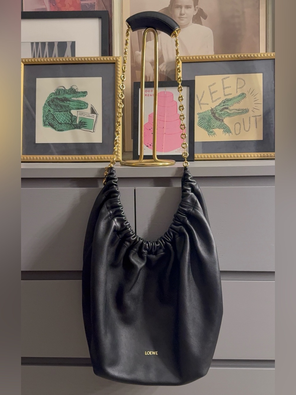 Loewe Black Leather Squeeze bag with Gold Chain adjustable strap